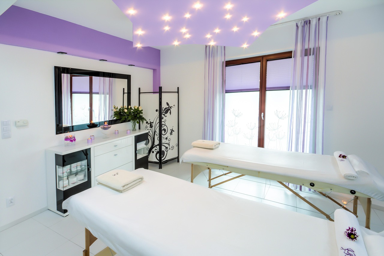 Welcoming salon reception area with flowers and warm lighting