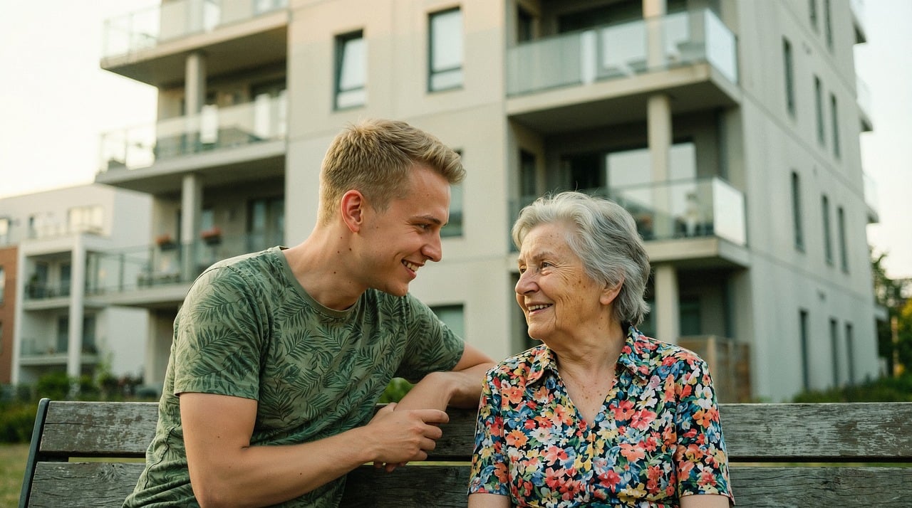 A caregiver and senior resident sharing a warm, connected moment outdoors