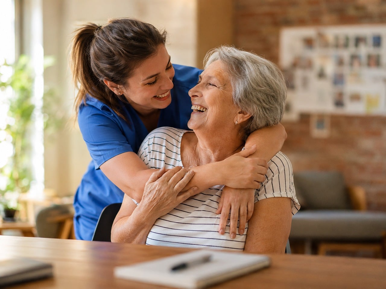 A warm caregiver sharing a joyful moment with a senior resident in Assisted Living